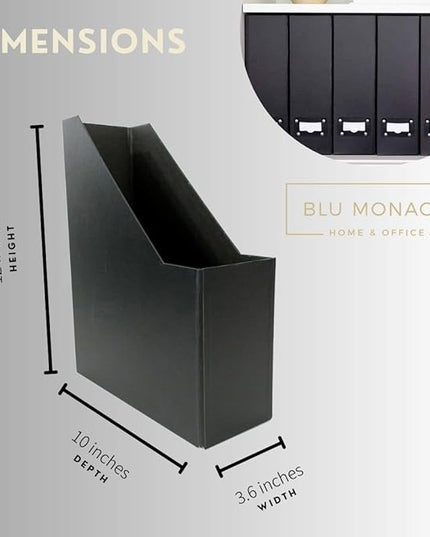 BLU MONACO Foldable Black Magazine File Holder – Set of 6 | Cardboard Desk File Organizer Boxes with Leather Label Holders | Vertical Magazine Storage for Office, Classroom & Home