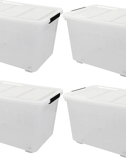 4 Packs 70L Large Plastic Storage Container with Wheels and Latching Lid, Stackable Storage Containers Bin, Clear