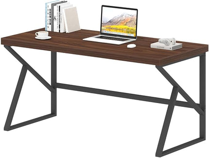 HSH Walnut Computer Desk, Industrial Modern Metal Wood Desk Workstation, Rustic Executive PC Laptop Work Desk Table for Home Office, Simple 55 Inch Writing Study Gaming Desk in Bedroom Living Room