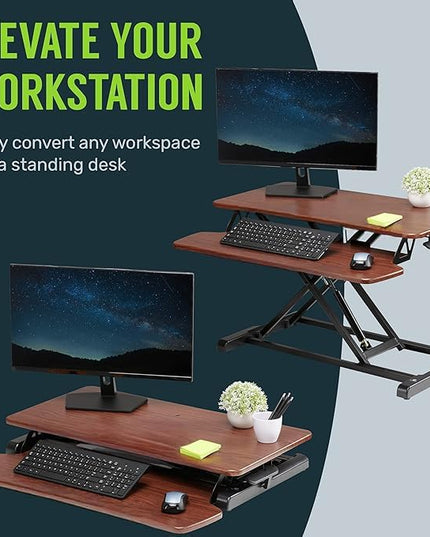 TechOrbits Standing Desk Converter - 42 Inch Adjustable Sit to Stand Up Desk Workstation, MDF Wood, Ergonomic Desk Riser with Keyboard Tray, Desktop Riser for Home Office Computer Laptop, Black 42"