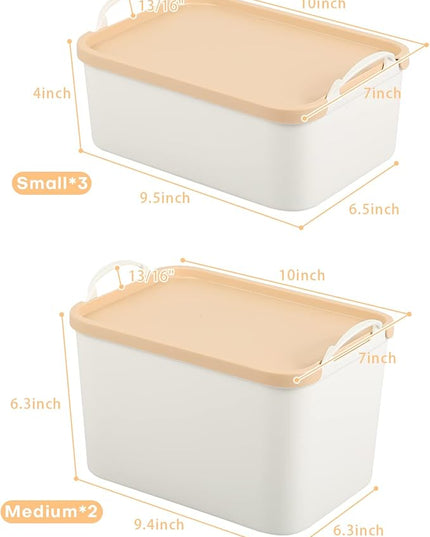 ANMINY 5PCS Plastic Storage Bins Containers with Lids, Large White Storage Organization Bins Boxes, Lidded Plastic Storage Baskets for Closet Shelves Drawers Desktop - 2 Medium 3 Small, Wheat Lids