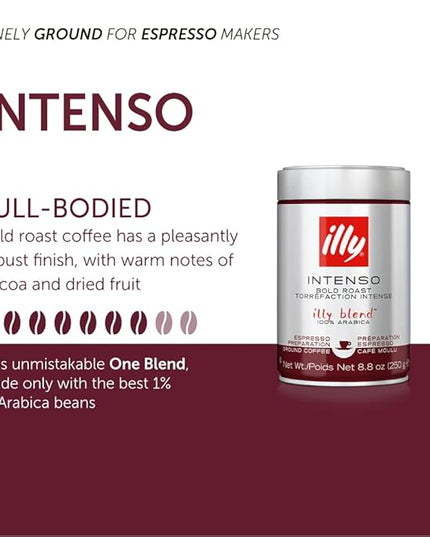 illy Ground Espresso Coffee, Intenso Dark Roast, 100% Arabica, Premium Italian Coffee, Pre-Ground for Espresso Machines, 8.8oz, 6 Pack