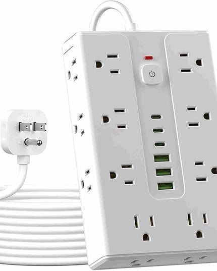 Power Board Surge Protector with 16 sockets, Equipped with 3 USB A and 3 USB C Ports, Suitable for Various Devices, Including Home, Office, and Dormitory (white6.5T)