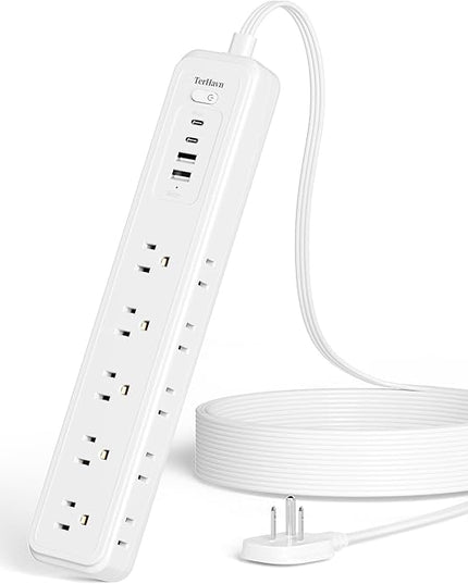 15Ft Power Strip Surge Protector - TerHavn Extension Cord with 15 AC Outlets and 4 USB Ports for for Home, Office, Dorm Essentials, 1080 Joules,15A 1875W UL, (White)
