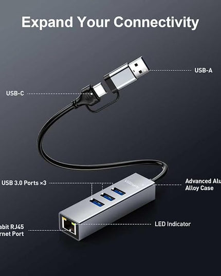 USB C to Ethernet Adapter, 4-in-1 USB C Hub with Gigabit LAN Port and 3 USB 3.0 Ports, Compatible with MacOS, Windows Linux Laptops, Driver-Free Setup, Portable RJ45 Dongle for Laptop