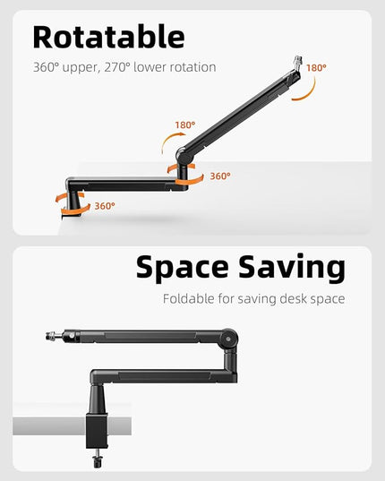 TODI Mic Stand Desk, Low/High Profile Mic Arm Bear 4.5LBS with Extension Riser, Adjustable All Metal Desk Microphone Stand with Cable Channel, Boom Arm Mic Stand with 3/8'' 5/8'' Interface