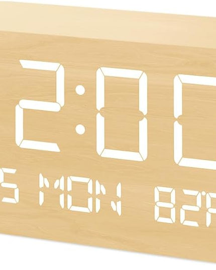 Digital Alarm Clock, with Wooden Electronic LED Time Display, 3 Alarm Settings, Humidity & Temperature Detect, Wood Made Electric Clocks for Bedroom, Bedside (Yellow-Wireless)