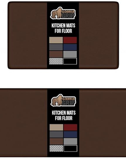 GORILLA GRIP 2 Pack Comfortable Cushioned Kitchen Mats for Floor, 17x24 + 17x48, Waterproof and Stain Resistant, 1/2 Inch Thick Soft Ergonomic Standing Desk Anti Fatigue Mat, Foam Supports Feet, Brown