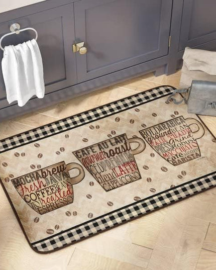 J&V TEXTILES Anti Fatigue Cushioned Comfort Mat, Ergonomically Durable, Supportive, Padded, Thick and Washable, Stain-Resistant, Kitchen, Garage, Office Standing Desk Mats (Coffee Words)