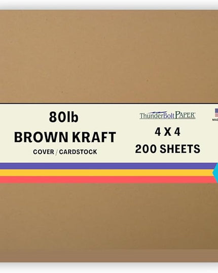 200 Brown Kraft Fiber 80# Cover Paper Sheets - 4" X 4" (4X4 Inches) Small Square Card Size - Rich Earthy Color with Natural Fibers - 80lb/Pound Cardstock - Smooth Finish