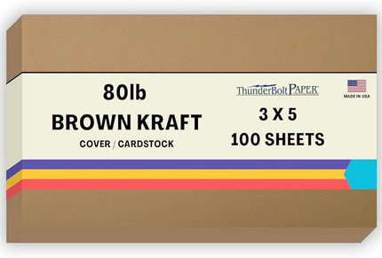 100 Brown Kraft Fiber 80# Cover Paper Sheets - 3" X 5" (3X5 Inches) Photo|Card|Frame Size - Rich Earthy Color with Natural Fibers - 80lb/pound Cardstock - Smooth Finish