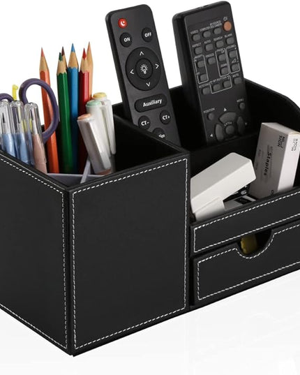 KINGFOM Desk Organizer Office Supplies Caddy Pu Leather Multi-function Storage Box Pen/Pencil,Cell phone, Business Name Cards Remote Control Holder with Small Drawer Black