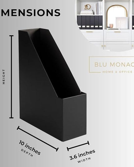 BLU MONACO Declutter in Style - Set of 6 Black Foldable Magazine File Holders with Gold Label Holders - Cardboard Magazine Storage Box & Desk Organizer for Workspace and Shelves