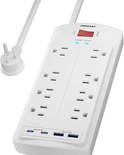 8-Outlet Surge Protector Power Strip, POWSAF 5Ft Flat Plug Extension Cord with 2 USB-C (PD 20W) Fast Charging Ports and 2 USB-A Ports for Home, Office, 2700 Joules, ETL, White