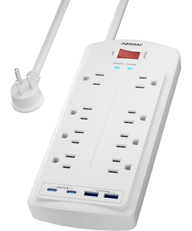 8-Outlet Surge Protector Power Strip, POWSAF 5Ft Flat Plug Extension Cord with 2 USB-C (PD 20W) Fast Charging Ports and 2 USB-A Ports for Home, Office, 2700 Joules, ETL, White