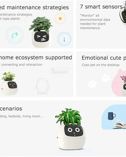 Intelligent Flower Pot, Electronic Bud, Maintenance Plant Assistant, Fun Interactive Flower Pot, Indoor Green Planting Monitoring, LCD Screen Display, Cell Phone APP Connection (White)