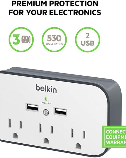 Belkin Wall Surge Protector - 3 Outlet w/ 2 USB Ports Mount with Premium Protection Against Surges Safe Charge for Mobile Devices, Tablets & More (540 Joules)