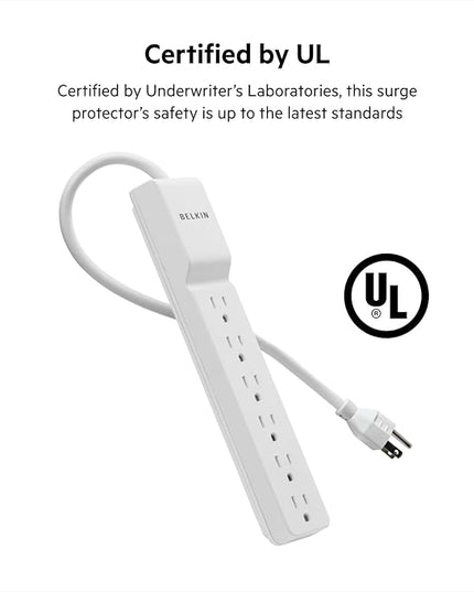 Belkin 6-Outlet Surge Protector Power Strip, UL-Listed w/ 6 AC Outlets & 10ft/3M Cord, ABS, Overload and Overvoltage Protection for Personal Electronics, Small Appliances, & More - 720 Joules