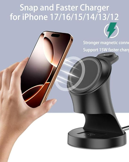 Wireless Charger,3 in 1 Magnetic Wireless Charger Stand, Fast Wireless Charging Dock for iPhone17/16/15/14/13/12 Series, Apple Watch Series, AirPods Pro.