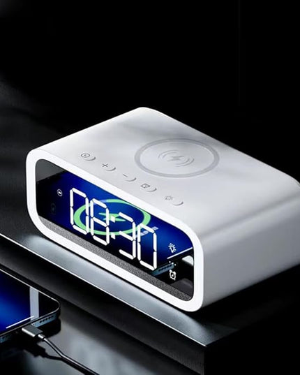 AYI 4in1 Smart Wireless Charging Alarm Clock with Mirror Display | 15W Fast Charger for Phone & Earbuds, 3 Group Alarms, Warm White/Yellow Night Light, Temperature Display Extra USB Port-White