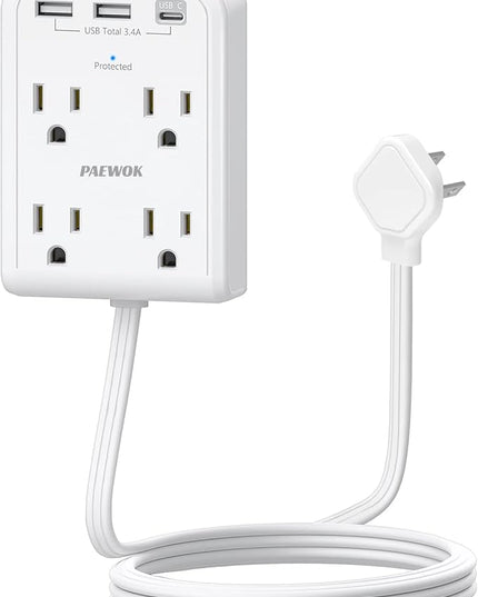 Flat Multi Plug Extender with 3 USB Wall Charger(1 Type C), 4 Outlet Wall Adapter, 4 ft Thin Extension Cord, Flat Plug Surge Protector Power Strip for Home, Office, College Dorm. White