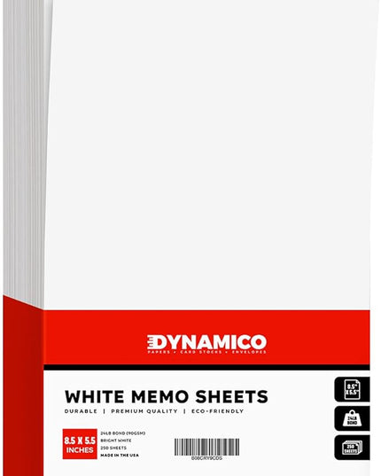 White Memo Sheets Paper – Perfect for Quick Notes, To-Do Lists & Reminders for School, Office, Business | 8.5 x 5.5 inches (Half-Letter) | Regular 24lb Bond / 60lb Text / 90gsm Paper | 250 per Pack