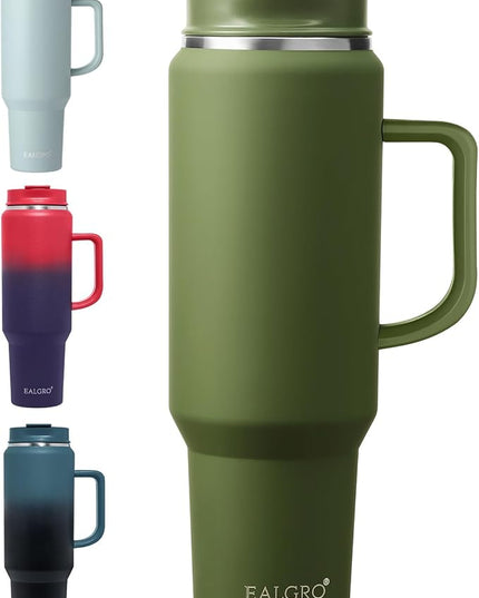 50 oz Tumbler with Handle, Insulated Tumblers with Lid and Straw, Large Metal Sports Water Bottle Jug, Thermal Stainless Steel Travel Coffee Mug Cup, Army Green