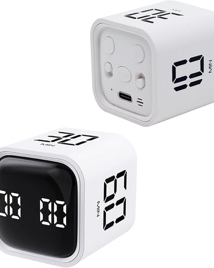 Productivity Timer Flip Gravity Sensor Cube Timer Countdown & Countup,Mute & Vibrate & Sound，5/10/30/60min & Custom Timing, Perfect for ADHD,Work,Learning,Kitchen Cooking (2 White)