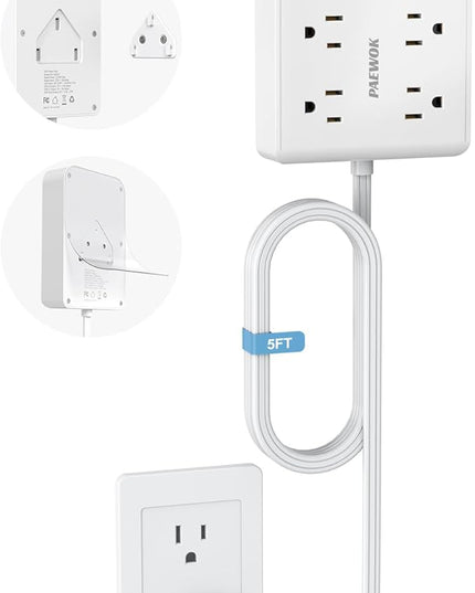 5 FT Flat Plug Extension with 4 USB(2 USB C), 6 AC Outlets Multiple Plug Expander Wall Charger, Ultra Thin Extension Cord, Power Strip Surge Protector for Home Office Kitchen. White