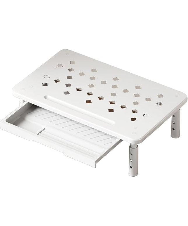 Monitor Stand Riser with Drawer - Adjustable Height (10.5-14.5cm) 3 Gears, Carbon Steel Desk Organizer for Computer/Laptop, Ventilated, Multi-Layer Storage for Office Home，pc stand (White)