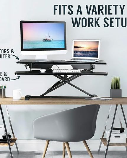 TechOrbits Standing Desk Converter - 42 Inch Adjustable Sit to Stand Up Desk Workstation, MDF Wood, Ergonomic Desk Riser with Keyboard Tray, Desktop Riser for Home Office Computer Laptop, Black 42"