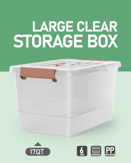 WYT 6 Pack 17qt Clear Plastic Storage Bin with Lid and Latching Buckles, Stackable Tote Organizing Box with Handle
