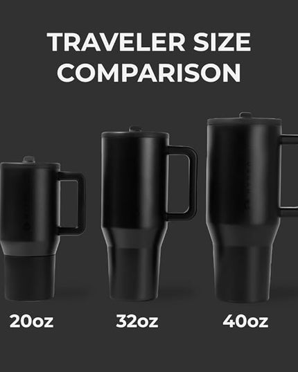 HydroJug Traveler - 32 oz Water Bottle with Handle & Flip Straw - Fits in Cup Holder, Leak Resistant Tumbler-Reusable Insulated Stainless Steel & Rubber Base - Gifts for Women & Men, Black