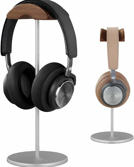 Headphone Stand, Aluminum and Wood Headphone Holder for Over Ear & On Ear Headsets – Heavy Duty Base Gaming Headset Stand with Non-Slip Pad, Desk Organizer for Home Office Studio Use (Silver)