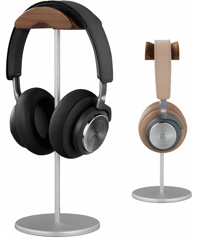 Headphone Stand, Aluminum and Wood Headphone Holder for Over Ear & On Ear Headsets – Heavy Duty Base Gaming Headset Stand with Non-Slip Pad, Desk Organizer for Home Office Studio Use (Silver)