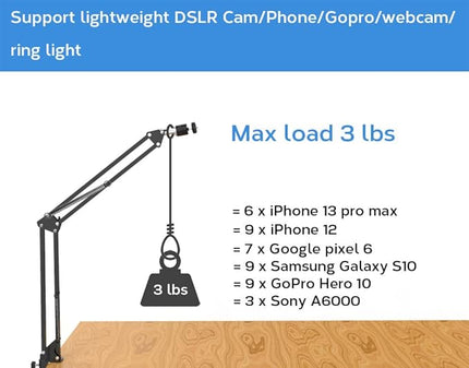 Overhead Tripod Mount for Camera Webcam Ring Light, Flexible Over Head Arm for iPhone with Phone Holder and Ball Head, Table Stand Accessory for Phone Video Recording Live Stream