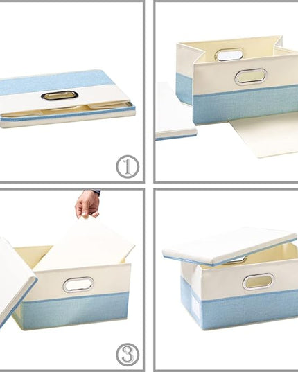 PRANDOM Collapsible Storage Bin with Lid [3-Pack] Fabric Foldable Storage Box Organizer Container Basket Cube with Cover for Home Bedroom Closet Office Nursery Blue&Cream(14.9x9.8x9.8)