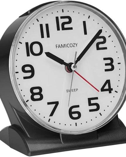 FAMICOZY 4.5" No Ticking Analog Alarm Clock,Silent Readable for Seniors,Easy to Set,Gradual Rise Alarm,Big Numbers,On/Off Switch on Side,Gentle Wake,Snooze Soft Backlight,Battery Operated,Black