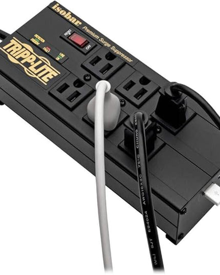 Tripp Lite Isobar 6 Outlet Surge Protector Power Strip with 2 USB Charging Ports,10ft Long Cord, Right-Angle Plug, Metal, 3840 Joules,Lifetime Limited Warranty & $50K Insurance (IBAR6ULTRAUSBB)Black