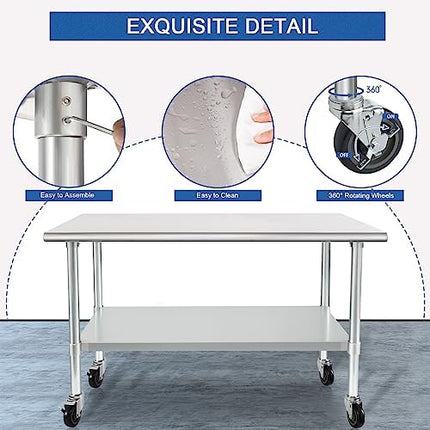 HARDURA Stainless Steel Table with Wheels 24 x 48 Inches Casters NSF Heavy Duty Commercial Work & Prep Table with Undershelf and Galvanized Legs for Restaurant Kitchen Bar and Hotel Garage