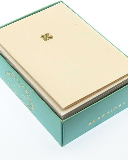 Graphique Shamrock La Petite Presse Boxed Notecards, 10 Embellished Gold Foil Blank Cards with Matching Envelopes and Storage Box, 3.25" x 4.75"