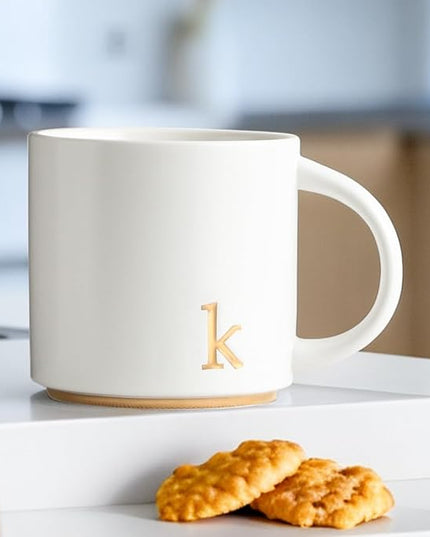 COLLECTIVE HOME - Monogram Ceramic Mugs, 15 oz Golden Initial Coffee Cups, Elegant Alphabet Tea Mugs, Elegant Personalized Mug with Gift Box, Luxurious Cups for Office and Home (k)