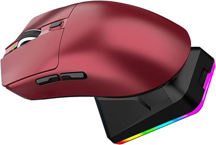 Lightweight Gaming Mouse, RGB Light 3 Mode Connection with 6 Adjustable DPI 800 12000, 7 Customizable Buttons, with Magnetic Charging Base (Red)