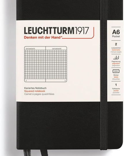 LEUCHTTURM1917 - Notebook Hardcover Pocket A6-187 Numbered Pages for Writing and Journaling (Black, Squared)