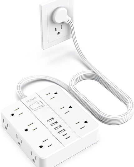 Flat Plug Surge Protector Power Strip, HUNIAN 12 Widely Spaced Outlets with 6 USB Charger (2 USB C Ports), 10 Ft Extension Cord Desk Charging Station for Home Office Supplies, Dorm Room, White