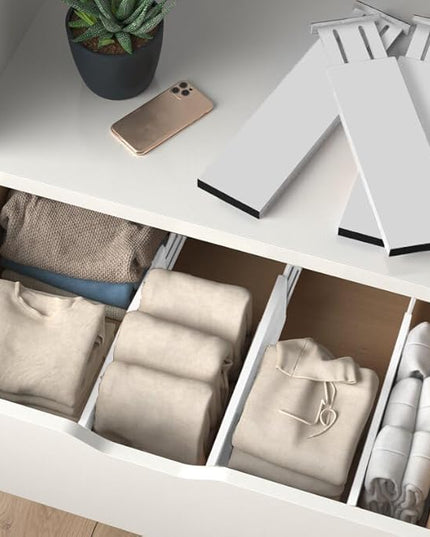 6 Pack Drawer Dividers 4 Inch High, 11”-17" Adjustable Bamboo Organizers Large Expandable Drawer Separators for Cloths, Dresser, Bedroom, Bathroom, Baby Drawer, Office & Kitchen Utensils (White)