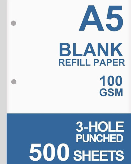 (5-Pack) A5 Filler Paper, 3 Hole Planner Refills, Organizer, Loose-leaf Binder Paper, Total 500 Sheets/1000 Pages, 100gsm, Blank, White Paper, 5.8 x 8.2 Inch, 3 Hole Filler Paper