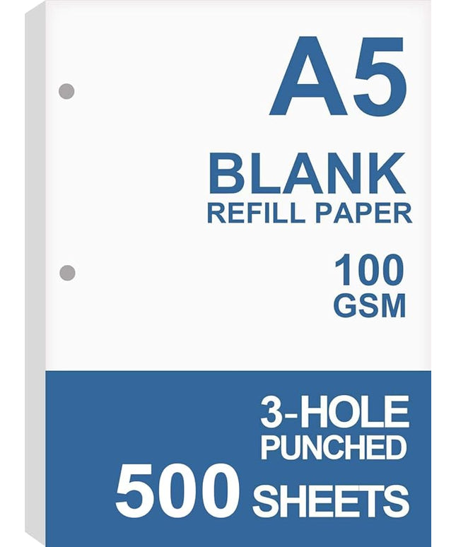 (5-Pack) A5 Filler Paper, 3 Hole Planner Refills, Organizer, Loose-leaf Binder Paper, Total 500 Sheets/1000 Pages, 100gsm, Blank, White Paper, 5.8 x 8.2 Inch, 3 Hole Filler Paper