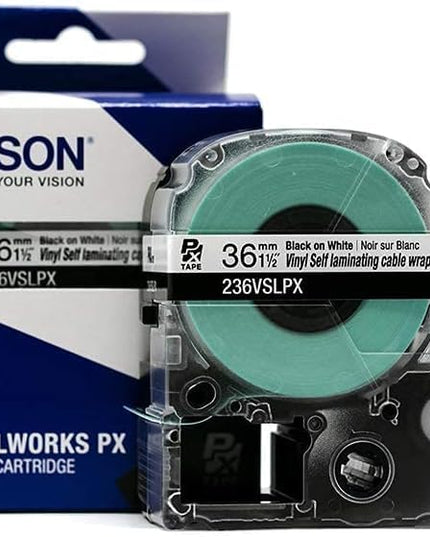 Epson LABELWORKS 236VSLPX-5PK Genuine Tape Cartridge - 5 Pack of Black on White Durable Vinyl Self Laminating Overwrap Industrial Label Maker Tape - 1.5" (36MM) Wide, 26.2 ft - 5 Pack