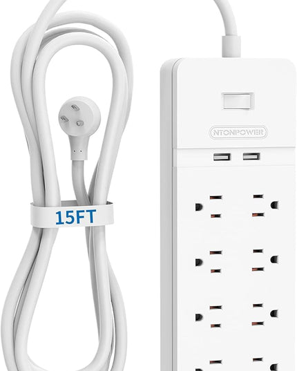 Flat Plug Extension Cord 15Ft - NTONPOWER 8 Outlets Surge Protector Power Strip with 2 USB, Overload Protection, 1080 Joules, ETL Listed, 15A/1850W, Wall Mountable for Home Office and Workbench, White